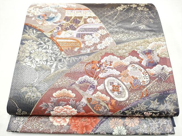 平和屋本店▼六通柄袋帯 唐織 鴛鴦地紙草花文 本金箔錦二重織 正絹 逸品 CABL4878hy