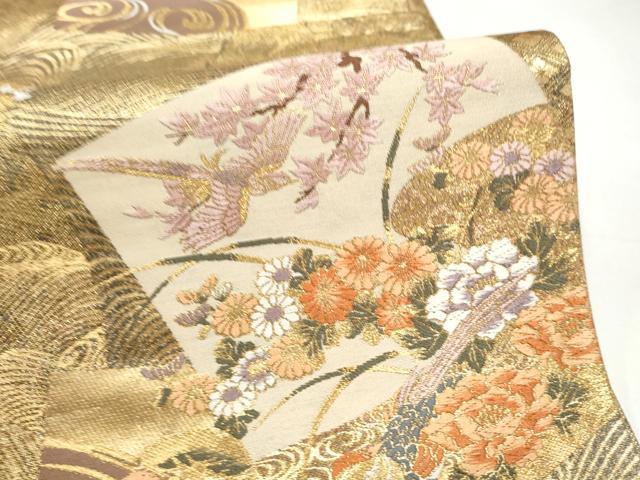 平和屋本店▼六通柄袋帯 色紙花鳥文 本金二重箔 正絹 逸品 CABL4914hy