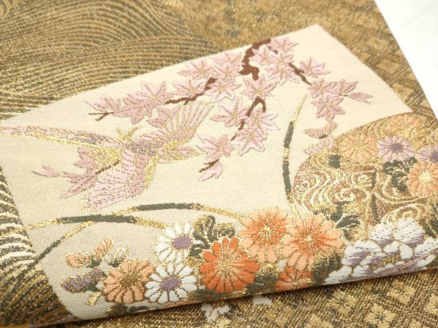 平和屋本店▼六通柄袋帯 色紙花鳥文 本金二重箔 正絹 逸品 CABL4914hy