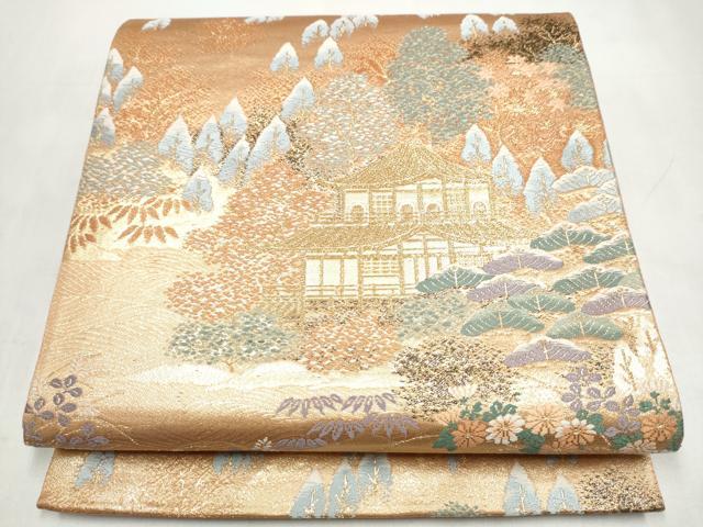 平和屋本店▼六通柄袋帯 唐織 風景草花文 本金二重箔 正絹 逸品 CABL4948hy