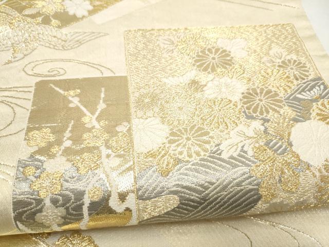平和屋本店▼六通柄袋帯 色紙重ね鳳凰花文 プラチナ24K織 正絹 逸品 CABL4969hy