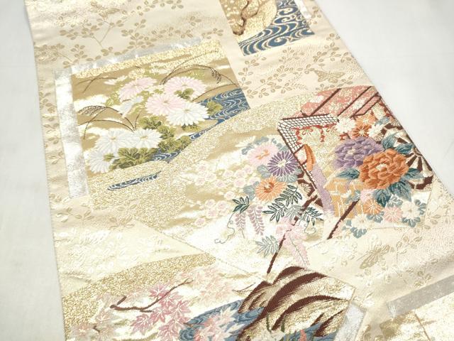 平和屋本店▼六通柄袋帯 唐織 地紙御車花鳥文 本金二重箔 正絹 逸品 CABL4971hy