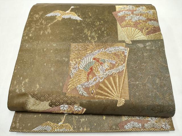 平和屋本店▼六通柄袋帯 扇面飛鶴枝松文 本金箔青銅 二重箔 正絹 逸品 CABL4993hy