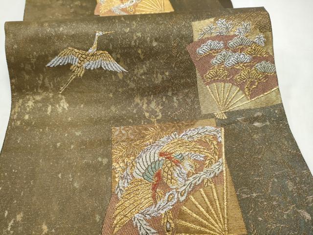 平和屋本店▼六通柄袋帯 扇面飛鶴枝松文 本金箔青銅 二重箔 正絹 逸品 CABL4993hy