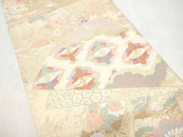 平和屋本店▼六通柄袋帯 桧扇飛鶴草花文 本金箔二重織 正絹 逸品 CABL4995hy