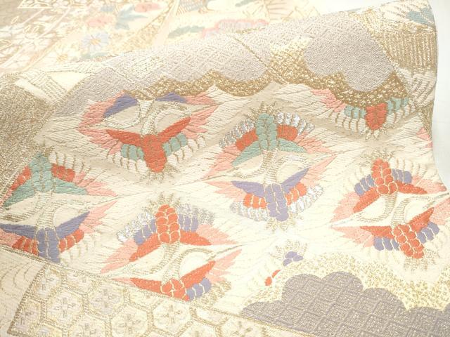 平和屋本店▼六通柄袋帯 桧扇飛鶴草花文 本金箔二重織 正絹 逸品 CABL4995hy
