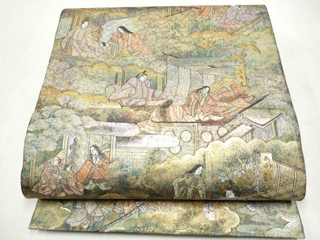 平和屋本店▼西陣あさぎ 全通全景柄袋帯 源氏物語絵巻 24金プラチナ二重箔 正絹 逸品 CABL5005hy