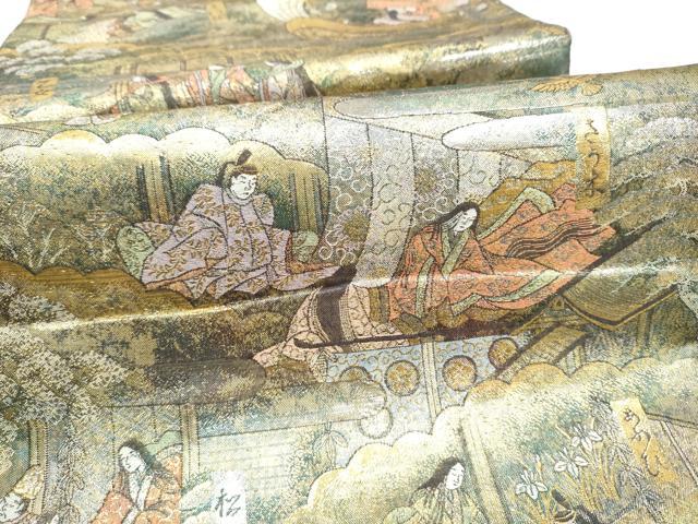 平和屋本店▼西陣あさぎ 全通全景柄袋帯 源氏物語絵巻 24金プラチナ二重箔 正絹 逸品 CABL5005hy