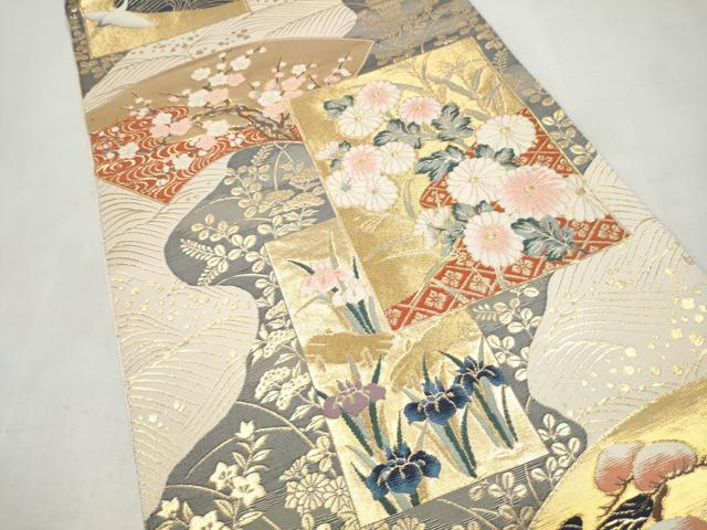 平和屋本店▼六通柄袋帯 色紙重ね草花文 本金箔 正絹 逸品 CABL5011hy