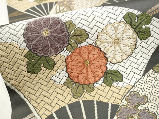 平和屋本店▼西陣 老舗 渡文謹製 手織 六通柄袋帯 唐織 春秋扇面散らし 本金箔 正絹 逸品 CABL5013hy