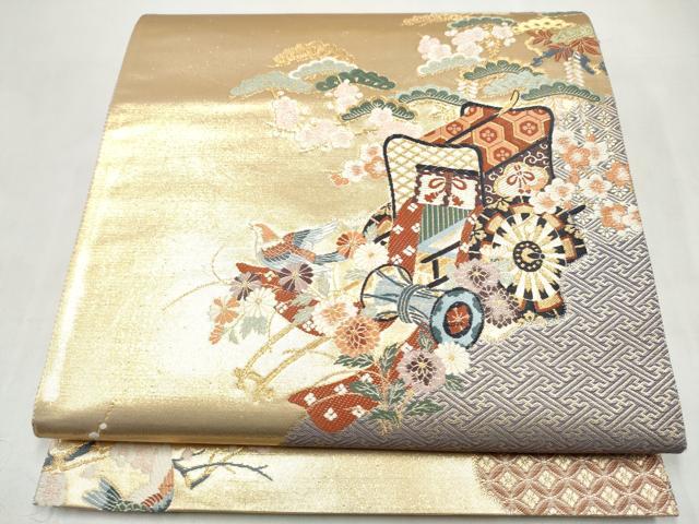 平和屋本店▼六通柄袋帯 唐織 御所車宝尽くし花鳥文 本金箔 正絹 逸品 CABL5023hy