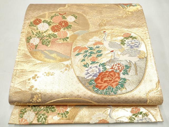 平和屋本店▼六通柄袋帯 唐織 草花鶴文 本金箔 正絹 逸品 CABL5037hy