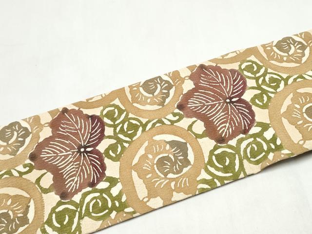 平和屋着物●九寸名古屋帯 型染め 桐唐草文 正絹 逸品 CABL5054hy