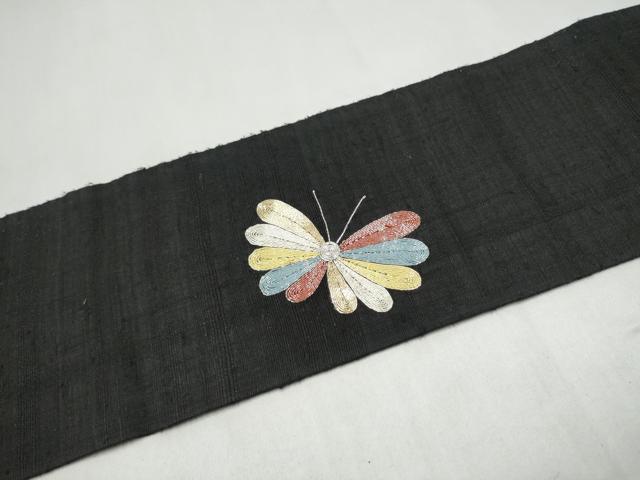 平和屋着物●九寸名古屋帯 生紬 駒刺繍 舞蝶文 黒地 正絹 逸品 CABL5067hy