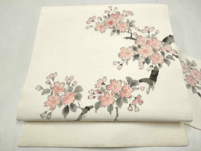 平和屋着物▼九寸名古屋帯 手描き 枝桜文 正絹 逸品 CABL5070hy