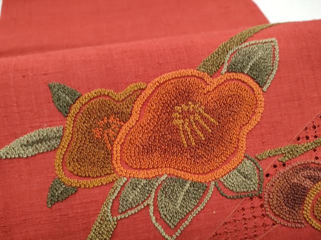 平和屋着物●中国三大刺繍 スワトウ相良刺繍 総刺繍 九寸開き名古屋帯 紬地 椿 正絹 逸品 CABL5078hy