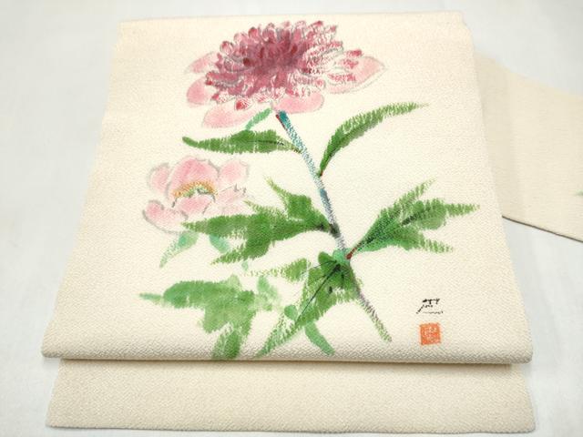 平和屋着物●九寸名古屋帯 作家物 手描き 枝花文 鬼しぼ縮緬 正絹 逸品 CABL5085hy