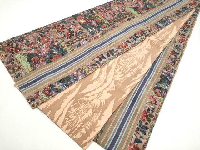 平和屋着物●西陣 老舗 渡文謹製 手織 両面 全通柄袋帯 纐纈 鳳凰花文 正絹 逸品 CABL5143hy