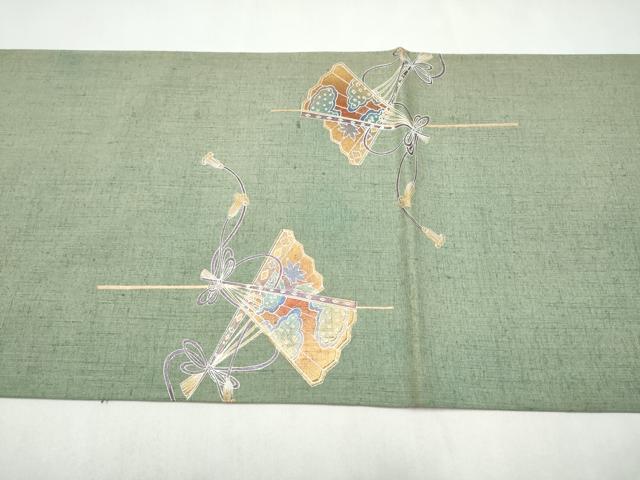 平和屋着物●太鼓柄袋帯 紬地 桧扇横笛松文 金彩 正絹 逸品 CABL5145hy
