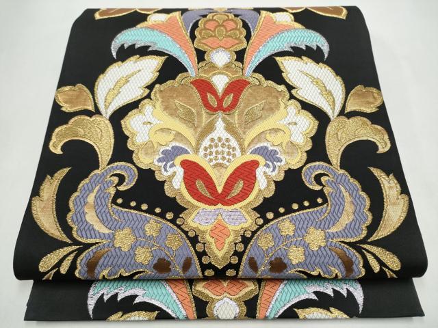 平和屋着物●六通柄袋帯 唐織 瑞鳳唐花文 黒地 金糸 正絹 逸品 CABL5170hy
