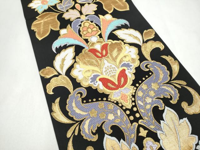 平和屋着物●六通柄袋帯 唐織 瑞鳳唐花文 黒地 金糸 正絹 逸品 CABL5170hy