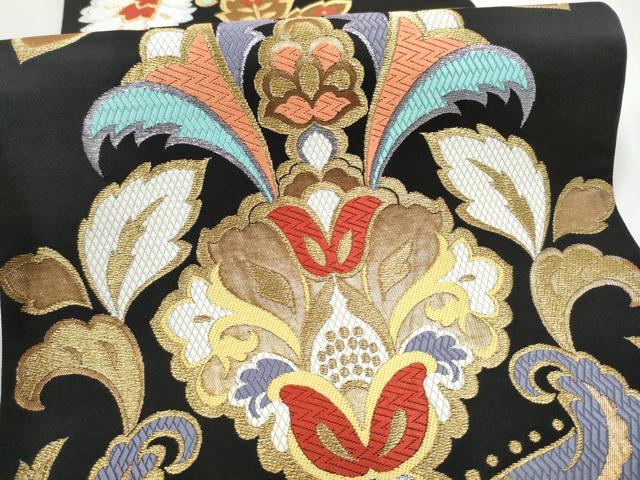 平和屋着物●六通柄袋帯 唐織 瑞鳳唐花文 黒地 金糸 正絹 逸品 CABL5170hy