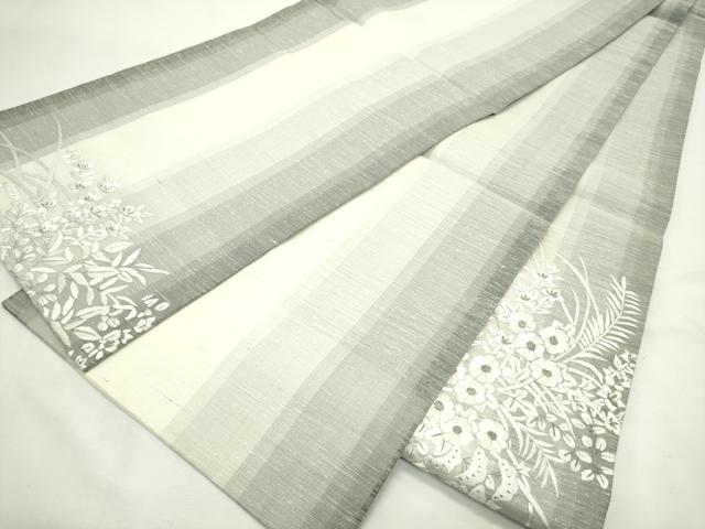 平和屋着物*夏物 太鼓柄袋帯 紬地 総刺繍 秋草文 銀糸 鈴乃屋扱い 正絹 逸品 未使用 CABL5316rv