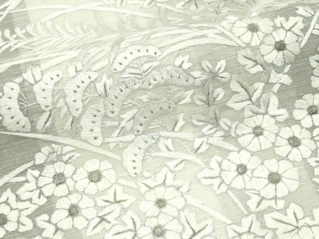 平和屋着物*夏物 太鼓柄袋帯 紬地 総刺繍 秋草文 銀糸 鈴乃屋扱い 正絹 逸品 未使用 CABL5316rv