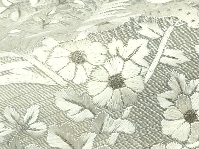 平和屋着物*夏物 太鼓柄袋帯 紬地 総刺繍 秋草文 銀糸 鈴乃屋扱い 正絹 逸品 未使用 CABL5316rv