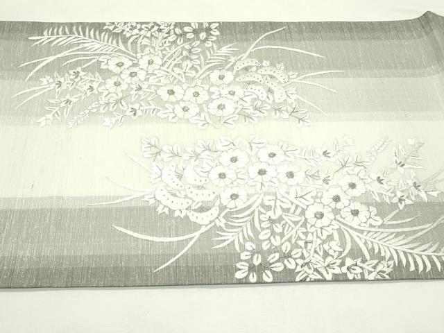 平和屋着物*夏物 太鼓柄袋帯 紬地 総刺繍 秋草文 銀糸 鈴乃屋扱い 正絹 逸品 未使用 CABL5316rv