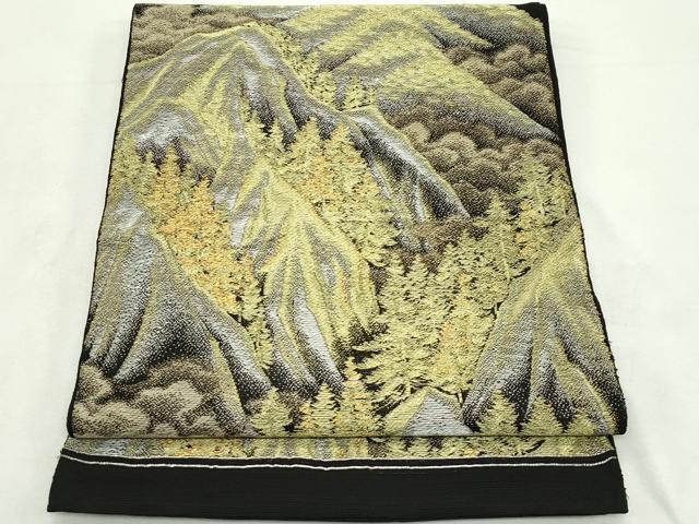 平和屋着物*夏物 六通柄 本袋帯 遠山樹林文 黒地 金銀糸 正絹 逸品 CABL5468rv