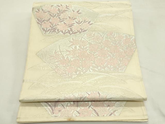 平和屋着物*夏物 六通柄袋帯 地紙草花文 銀糸 正絹 逸品 CABL5511rv