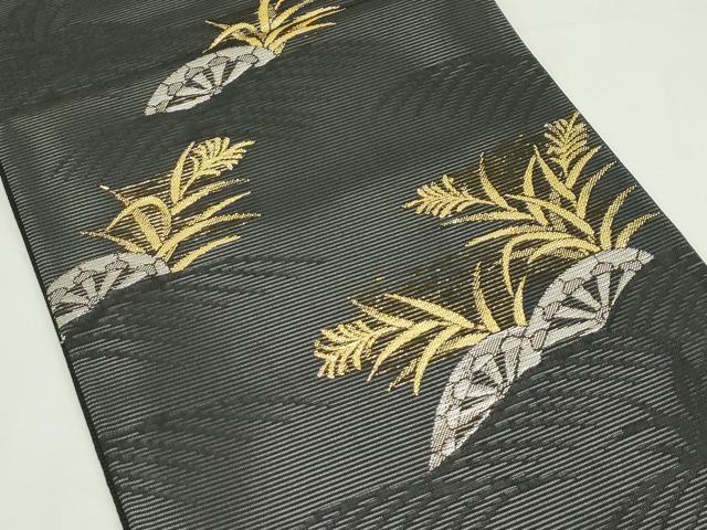 平和屋着物*夏物 六通柄袋帯 片輪車草木文 黒地 金銀糸 正絹 逸品 未使用 CABL5597rv