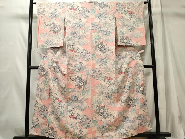 平和屋着物■上質な小紋 地紙花鳥文 鬼しぼ縮緬 正絹 逸品 CABL5617ou