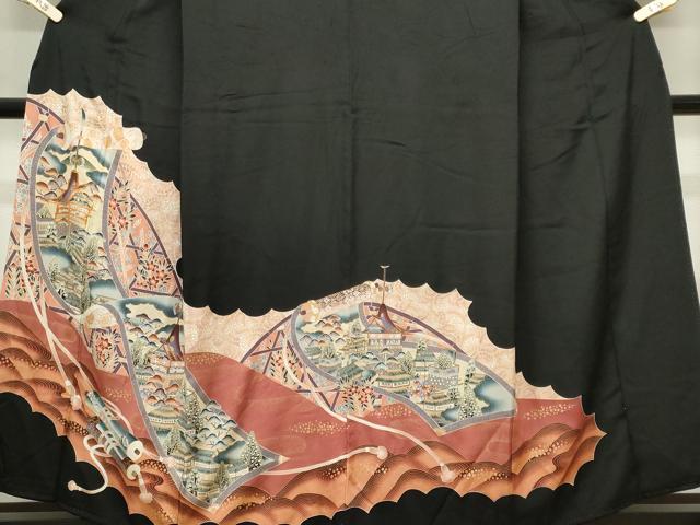 平和屋着物■豪華黒留袖 駒刺繍 絵巻風景文 暈し染め 金彩 正絹 逸品 CABL5683ou