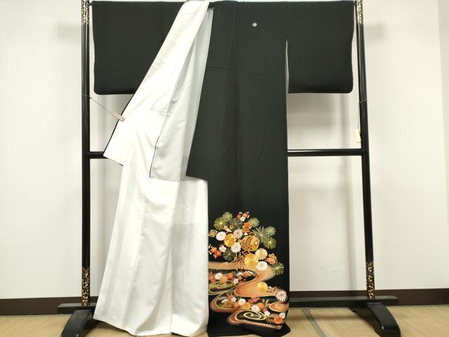 平和屋着物■豪華黒留袖 駒刺繍 流水吉祥花松文 暈し染め 金銀彩 正絹 逸品 CABL5702ou