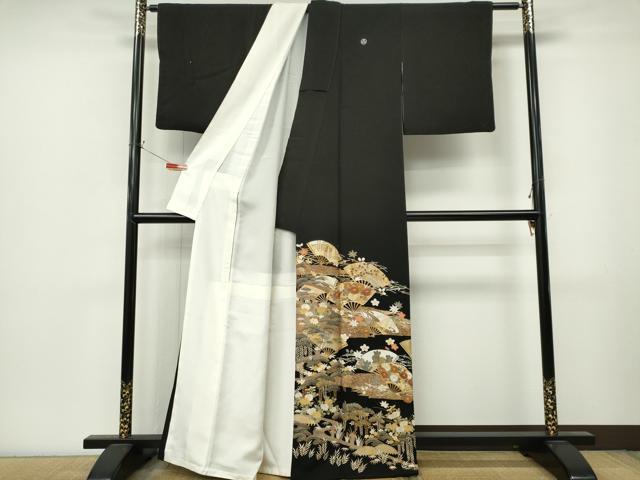 平和屋着物■豪華黒留袖 駒刺繍 扇面風景草花文 金彩 正絹 逸品 CABL5787ou