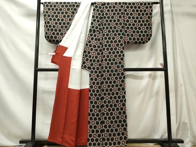 平和屋着物■上質な小紋 亀甲花文 黒地 正絹 逸品 CABL5866ou