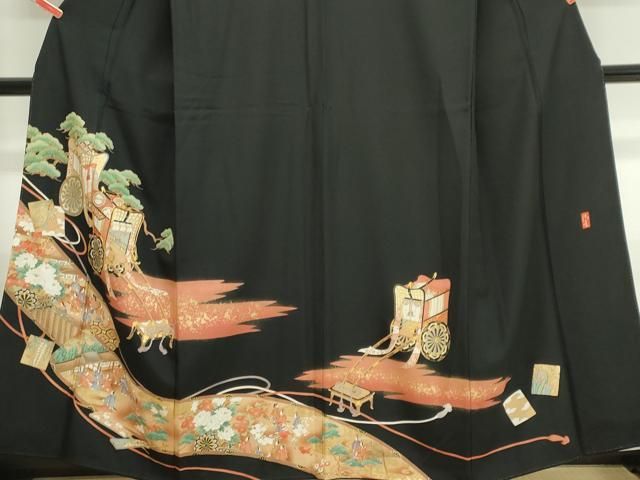 平和屋着物■豪華黒留袖 作家物 駒刺繍 御所車人物花松文 金彩 正絹 逸品 CABL5885ou