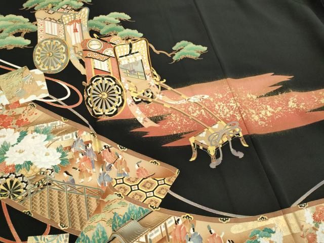 平和屋着物■豪華黒留袖 作家物 駒刺繍 御所車人物花松文 金彩 正絹 逸品 CABL5885ou