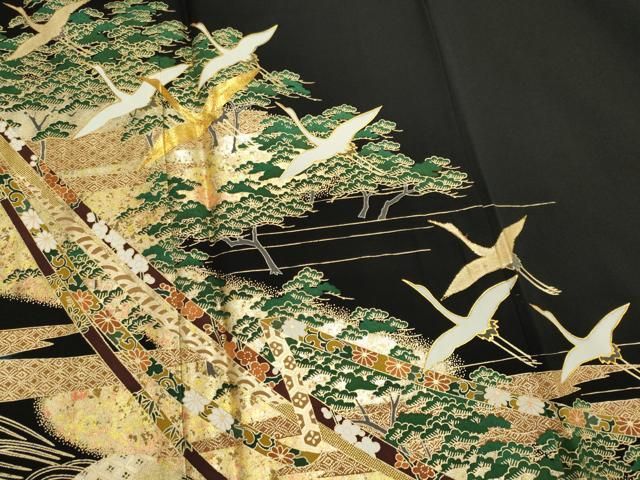 平和屋着物■豪華黒留袖 作家物 駒刺繍 立波飛鶴松文 金銀彩 正絹 逸品 CABL5895ou
