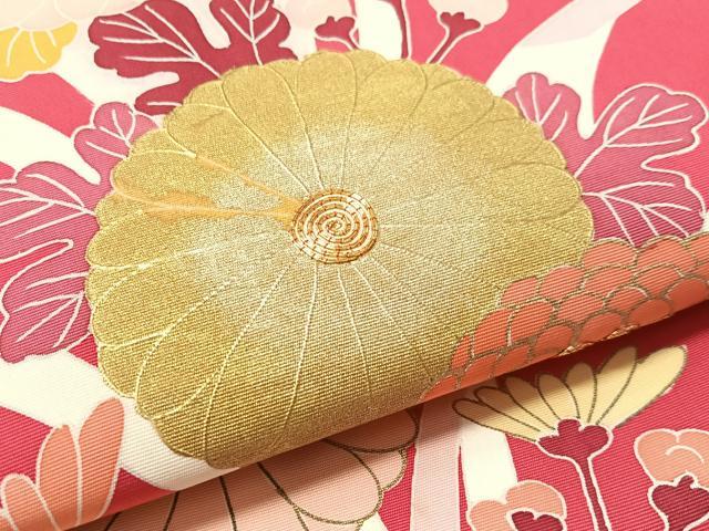 平和屋着物●塩瀬 六通柄袋帯 駒刺繍 菊花文 金彩 正絹 逸品 CABL6010vp