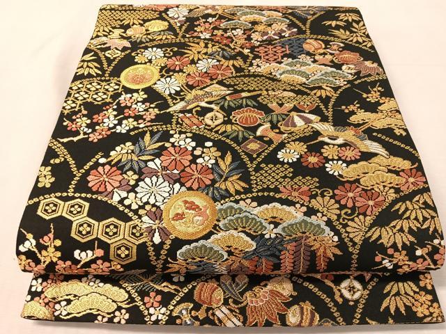 平和屋着物●六通柄袋帯 唐織 彩華吉祥紋 黒地 金糸 正絹 逸品 CABL6031vp