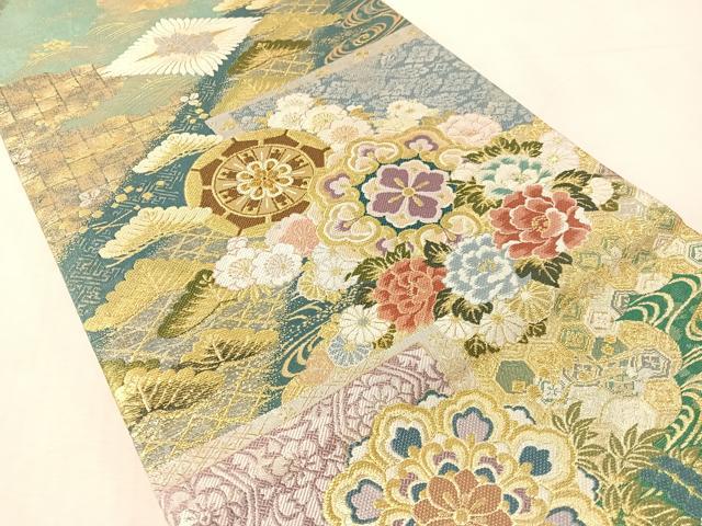 平和屋着物●両面 両方向 全通柄袋帯 唐織 正倉院花文 金糸 正絹 逸品 CABL6033vp