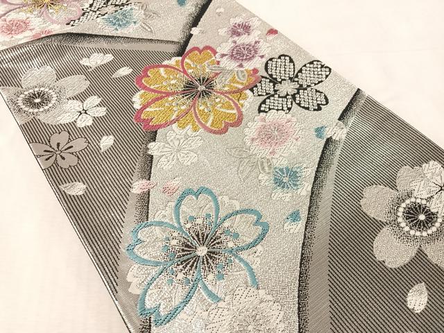 平和屋着物●六通柄袋帯 唐織 舞桜 黒地 金銀糸 正絹 逸品 CABL6092vp