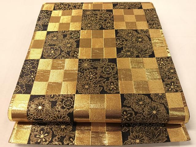 平和屋着物●六通柄袋帯 市松花文 黒地 金糸 正絹 逸品 CABL6108vp