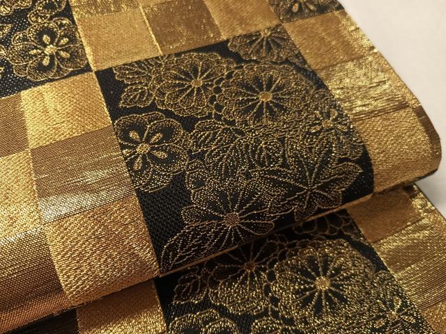 平和屋着物●六通柄袋帯 市松花文 黒地 金糸 正絹 逸品 CABL6108vp