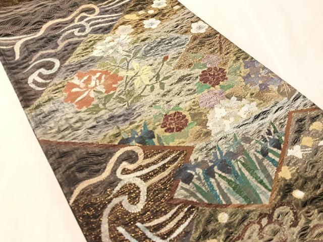 平和屋着物▽六通柄袋帯 スリーシーズン 春夏秋 すくい織 立波千鳥花文 黒地 金銀糸 正絹 逸品 CABL6163vp