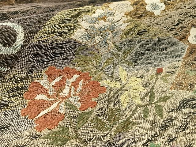 平和屋着物▽六通柄袋帯 スリーシーズン 春夏秋 すくい織 立波千鳥花文 黒地 金銀糸 正絹 逸品 CABL6163vp