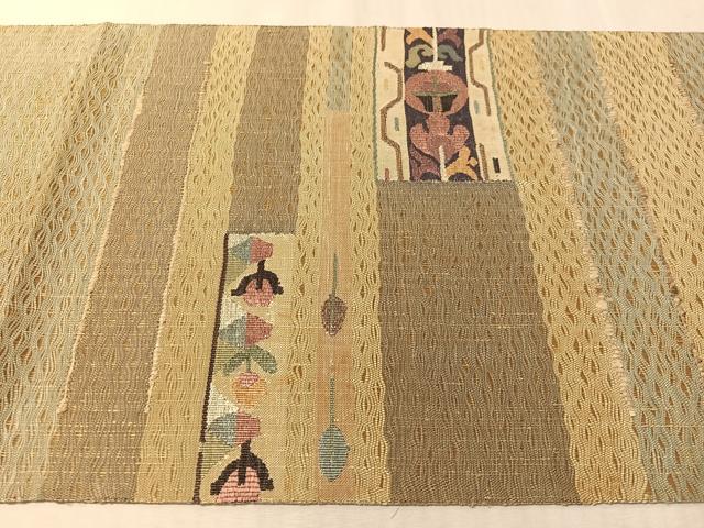 平和屋着物▽太鼓柄袋帯 スリーシーズン 春夏秋 すくい織 横段花鳥文 金糸 正絹 逸品 未使用 CABL6167vp